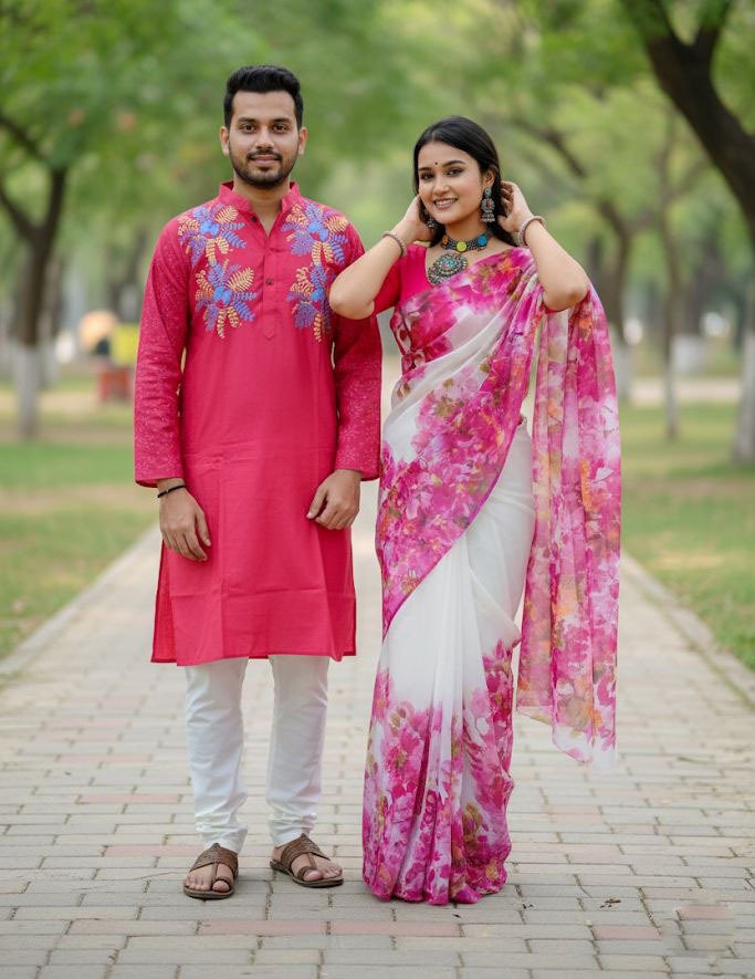 কাপল ড্রেস কালেকশন চান্দুরি সিল্ক শাড়ি ও ধুপিয়ান পাঞ্জাবি